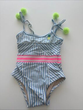 Toddler Blue & White Striped One-Piece Swimsuit with Pink Waistband